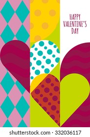 Vector greeting card template. Hearts with geometric pattern, abstract romantic background. Trendy concept for wedding, Valentines day, party invitation, save the date. Flyer, banner, poster design.