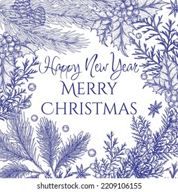 Plantilla de tarjeta de saludo vectorial para las vacaciones con plantas de Navidad en el estilo de grabado. Rama de árbol de Navidad con conos, enebro, pino, holly, thuja