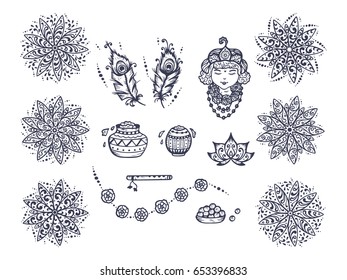 Vector Greeting Card Template for Indian fest Shri Krishna Janmashthami. Indian Holiday Symbols Set: Pots of Yoghurt, Baby Krishna portrait, Peacock Feathers, Flute, Flowers, Mandala patterns