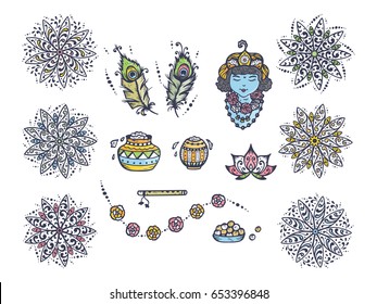 Vector Greeting Card Template for Indian fest Shri Krishna Janmashthami. Indian Holiday Symbols Set: Pots of Yoghurt, Baby Krishna portrait, Peacock Feathers, Flute, Flowers, Mandala patterns