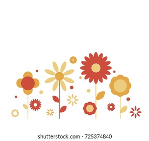 Vector greeting card template with orange, yellow and red flowers, vintage style on transparent background. For invitations, social media, web banner.