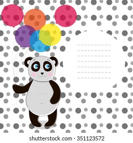Vector greeting card template panda with balloons.