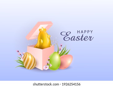 Vector greeting card template with realistic eggs, gift box and flowers, grass.3d chicken peeks out of the box. The inscription Happy Easter. Blue background. Composition for banner, greeting card