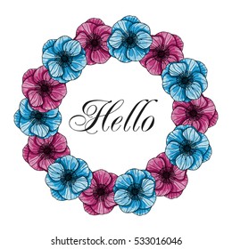 Vector greeting card template. Round wreath of flowers anemones and place for your text. All elements are isolated and editable.