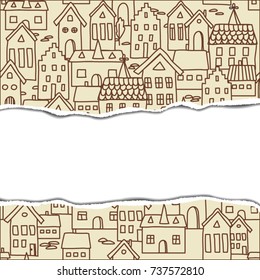 Vector greeting card template with torn paper edges. Space for  text. Stylized european town. 