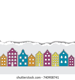 Vector greeting card template with torn paper edges. Space for  text. Stylized european town. 