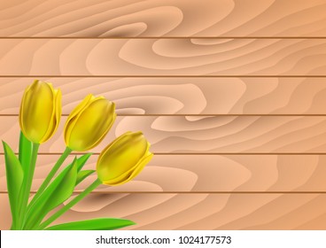Vector greeting card template with tulip flowers on wooden planks. Realistic meshes petals. For mother's day, women's day, st.valentine's day, 8 march, easter or other holidays design.