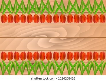 Vector greeting card template with tulip flowers on wooden planks. Realistic meshes petals. For mother's day, women's day, st.valentine's day, 8 march, easter or other holidays design.