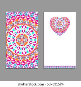 Vector greeting card template to valentine's day. Congratulation's backgrounds with heart, place for text and mandalas patterns
