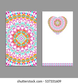 Vector greeting card template to valentine's day. Congratulation's backgrounds with heart, place for text and mandalas patterns