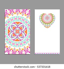 Vector greeting card template to valentine's day. Congratulation's backgrounds with heart, place for text and mandalas patterns