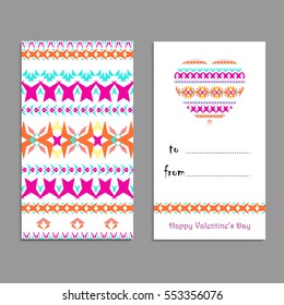 Vector greeting card template to valentine's day. Congratulation's backgrounds with heart, place for text and ethnic tribal patterns