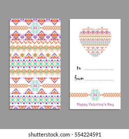 Vector greeting card template to valentine's day. Congratulation's backgrounds with heart, place for text and ethnic tribal patterns