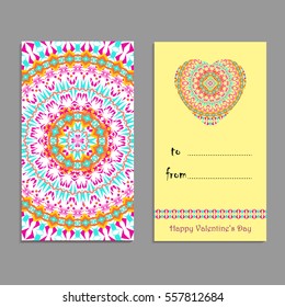 Vector greeting card template to valentine's day. Congratulation's backgrounds with heart, place for text and mandalas patterns