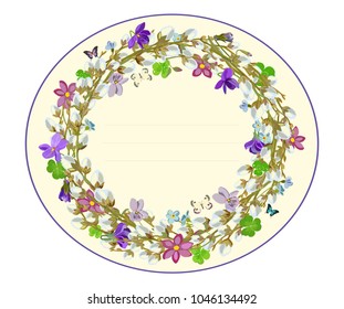  Vector greeting card template with wreath of spring willow branches and violets on light background with space for text. Spring. Suitable for Mother's Day, Easter, birthdays, for wedding celebrations