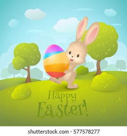 Vector greeting card with text “Happy Easter!”. Cartoon spring landscape with cute rabbit and colored egg in field. Holiday background with trees, grass, bushes, clouds for design posters and banners