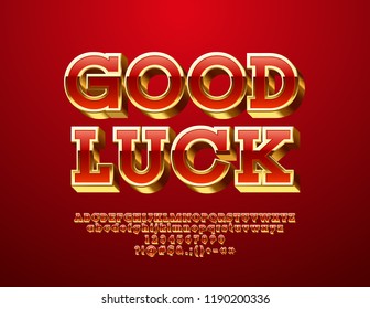 Vector Greeting Card with text Good Luck. Set of Glossy Alphabet Letters, Numbers and Punctuation Symbols. Red and Golden 3D Font.