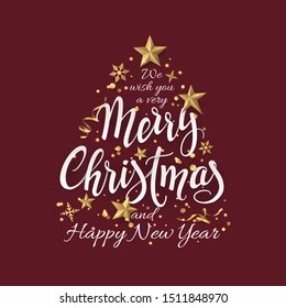 Vector greeting card with text Merry Christmas and 3D gold symbols of celebration (shining stars, confetti, snowflakes and ribbons) in shape of fir-tree. Festive decor isolated on dark red background.