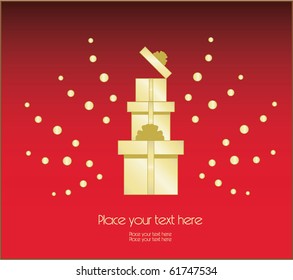 Vector greeting card with three gifts and one of them with a surprise