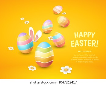 Vector greeting card with title “Happy Easter!”, cartoon bunny ears, camomiles and colored eggs. Festive template for design of holiday flyers and banners on the orange background.