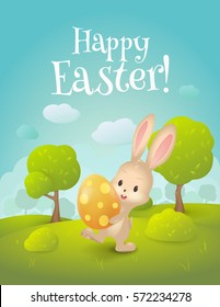 Vector greeting card with title “Happy Easter!”. Cartoon spring scene with cute bunny and egg in field. Holiday background with  trees, grass, bushes and place for text