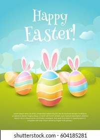 Vector greeting card with title “Happy Easter!”. Cartoon spring scene with cute colored eggs and ears of a bunny. Holiday background with trees, bushes and place for text