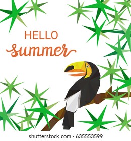 Vector greeting card with toucan. Handwritten calligraphic greeting "hello summer".