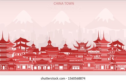 Vector greeting card with traditional Chinese buildings and architecture in red.