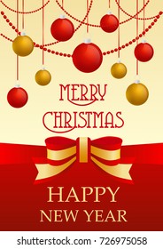 Vector Greeting card with traditional red and golden yellow decorations dedicated to Christmas and New Year. Luxury golden balls toys and ribbon.