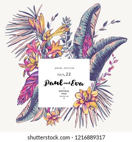 Vector greeting card of tropical leaves, Exotic natural vintage blooming orchid flowers, banana leaves, wildflowers, greenery vibes. Botanical frame, template invitation