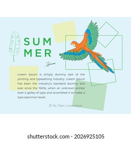 Vector greeting card with tropical plants for a holiday or a party. Colorful macaw parrot. Pastel colors. Frames.
