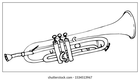 Vector greeting card with trumpet. Cartoon monochrome isolated objects on a white background. Linear hand drawn illustration.