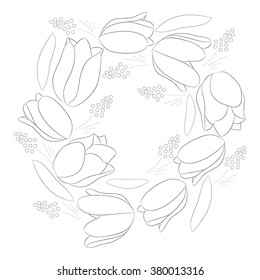 Vector greeting card with tulips. Floral ornament. Coloring book for children and adults. A template for coloring. Henna Doodle Seamless white Background