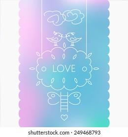Vector greeting card with two birds, trees, clouds. Romantic, gentle background with blur. Love.