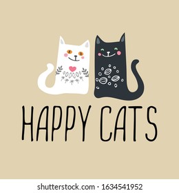 Vector greeting card with two close-ups of happy cats painted and a big inscription Happy Cat