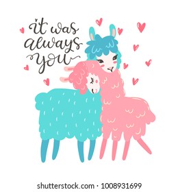 Vector greeting card with two lovely lamas. Love is in the air. Valentines day greeting.