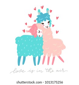 Tarjeta de saludo vectorial con dos encantadores lamas.El amor está en el aire. Saludo de San Valentín.