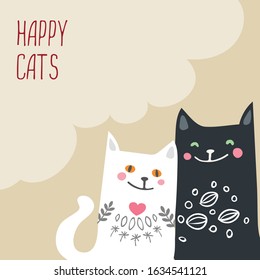 Vector greeting card with two painted happy cats, a place for text and the inscription "Happy cat"
