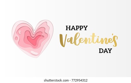 Vector Greeting Card For Valenrines Day. Modern Papercut Design. Romantic Illustration With Cutout Multi Layers Of Paper Heart And Lettering Happy Valentines Day.