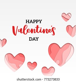 Vector greeting card for valenrines day. Modern papercut design. Romantic illustration with cutout multi layers of paper heart and lettering Happy Valentines Day.