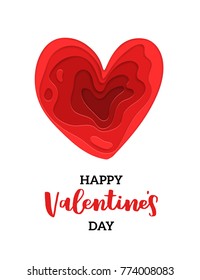 Vector greeting card for valenrines day. Modern papercut design. Romantic illustration with cutout multi layers of paper heart and lettering Happy Valentines Day.