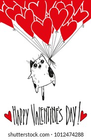 Vector greeting card for valentine's day.  
Here is a funny cat that flies on the balls-hearts.