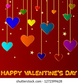Vector greeting card for Valentines Day with hanging  shine heart shape.