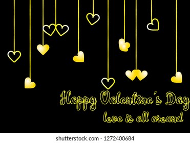 Vector greeting card for Valentines Day with hanging  shine heart shape.
