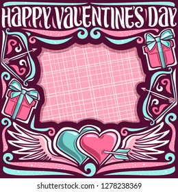 Vector greeting card for Valentine's Day with copy space, blue Cupid's bow and arrow in decorative hearts, original elegant lettering for wish words happy valentine's day on pink abstract background.