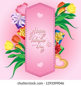 Vector greeting card for Valentines day. Flowers and gifts under the stitched parchment in the form of a shoulder strap