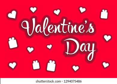 Vector Greeting Card for Valentines Day. Concept of Postcard, Banner, Flyer, Invintation and etc. Concept with Red Backround, Shapes of Hearts and Gifts, Lettering
