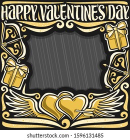 Vector greeting card for Valentine's Day with copy space, Cupid's bow and arrow in decorative yellow hearts, brush elegant lettering for wish words happy valentine's day on black striped background.