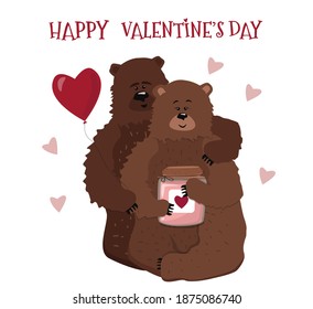 Vector greeting card for valentine's day in cartoon style with two bears and a ball heart.  Declaration of love, feelings, design, print, stickers, poster, isolated on white background.