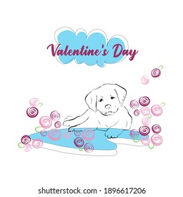 Vector greeting card for Valentine's Day. Cute kind dog. Pink flowers around.
